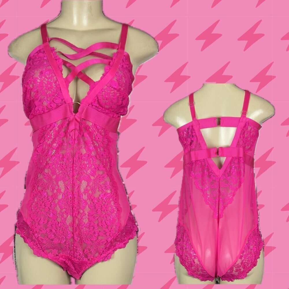 Torrid +4 Pink Sheer Mesh Lace Caged Neckline & Back Adjustable Strap Bodysuit